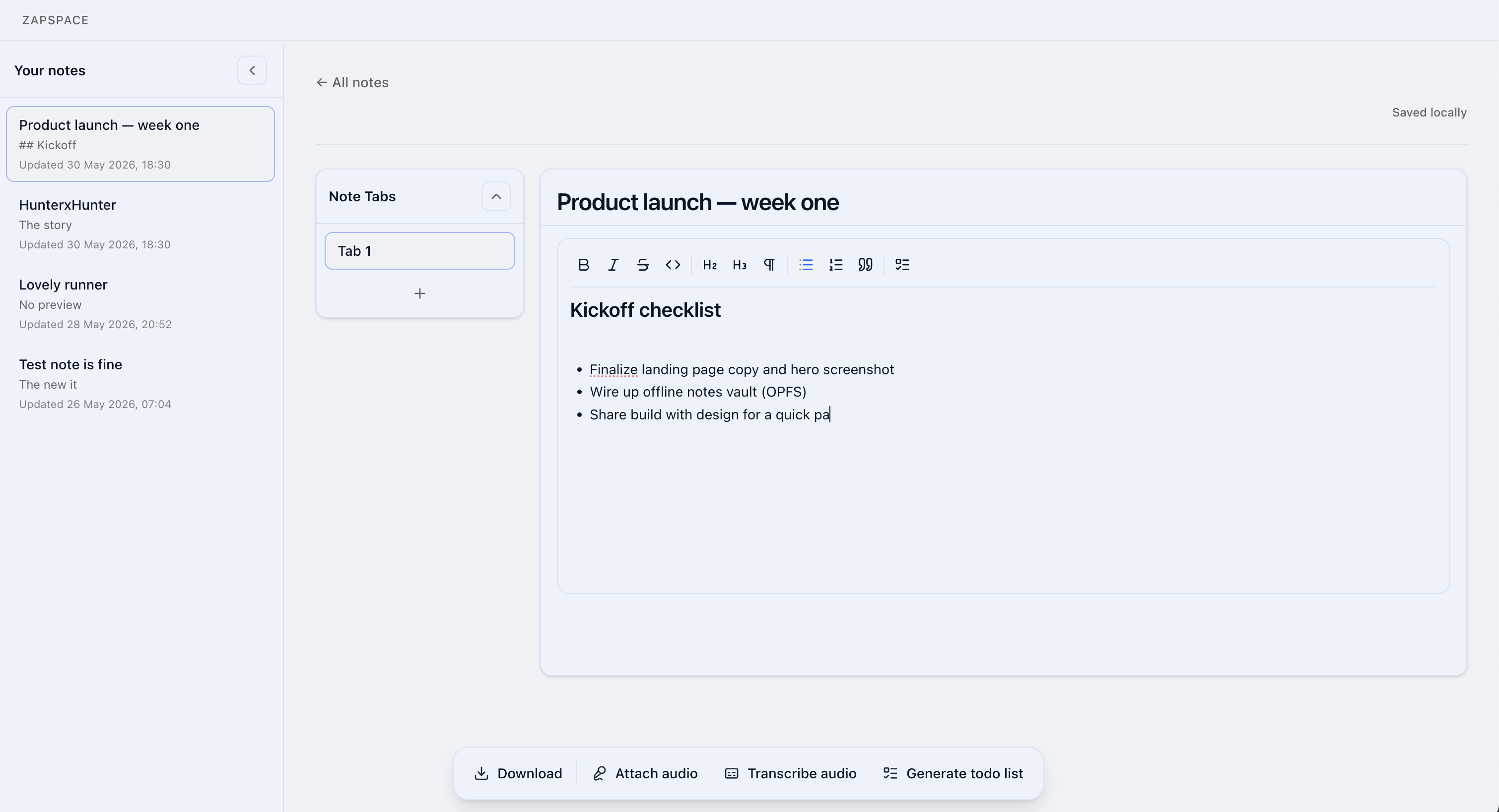 Zapspace notes editor with a formatted product launch checklist